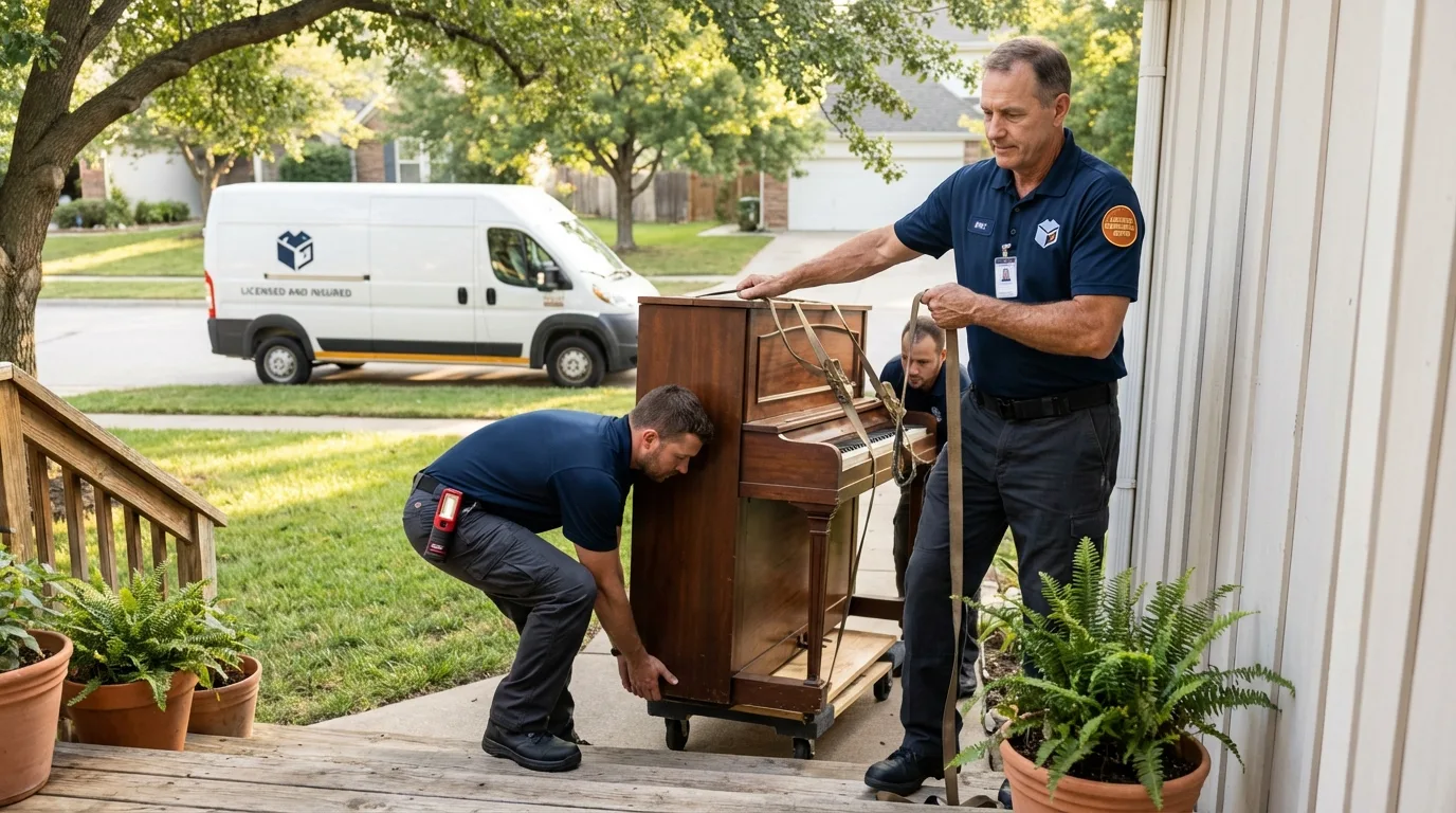 Licensed piano movers securing grand piano in Ridgewood, NJ