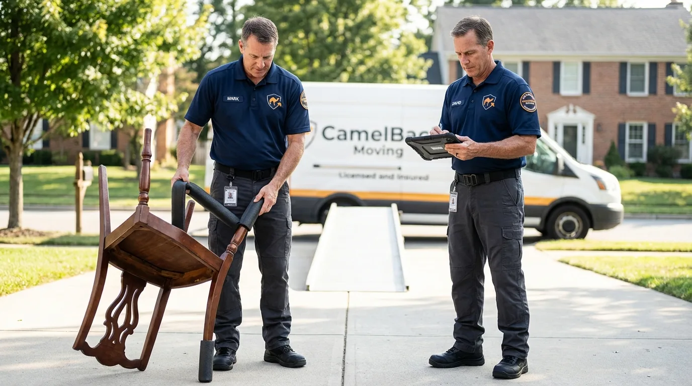Movers inspecting furniture for damage prevention before loading in Ridgewood, NJ