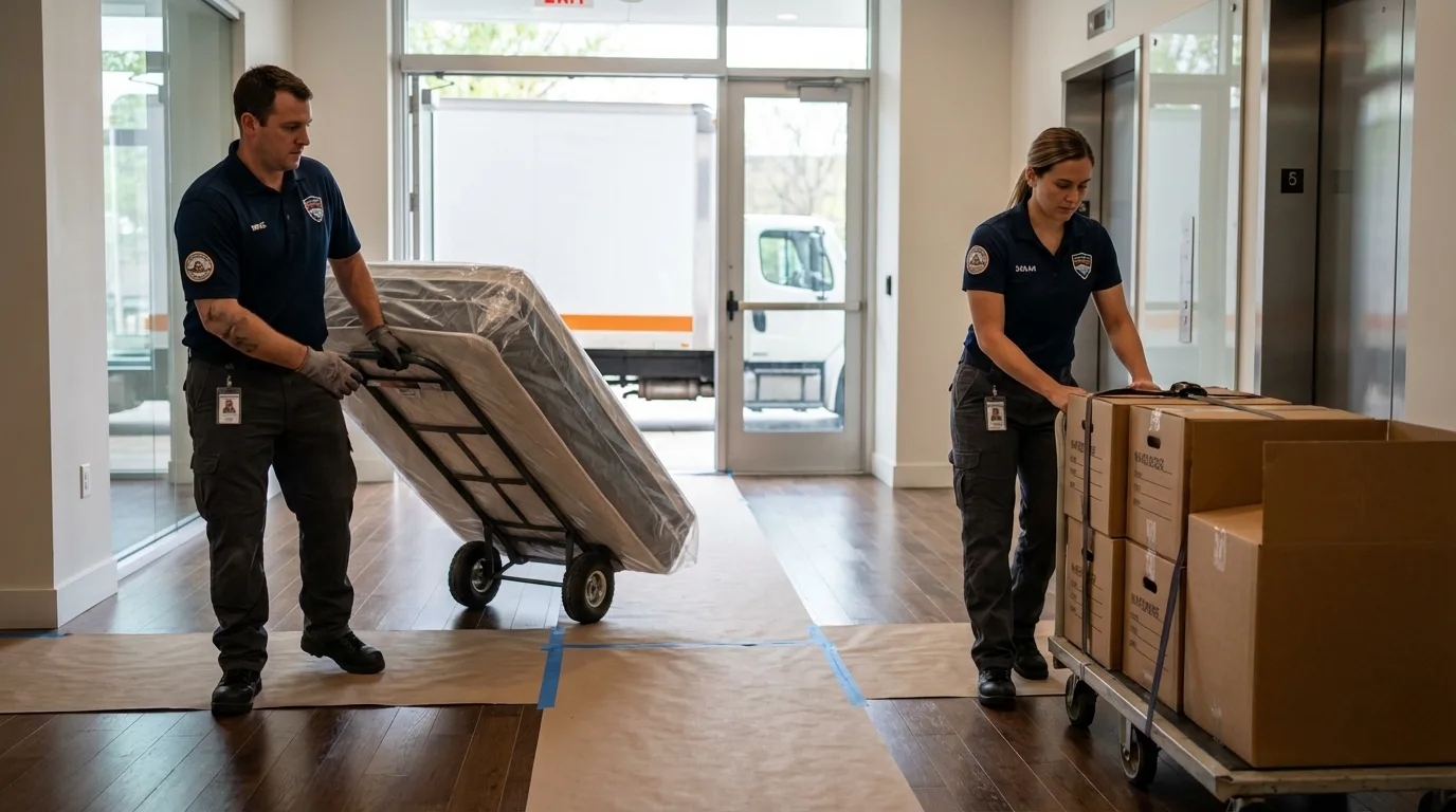 Professional apartment movers loading elevator in Ridgewood, NJ